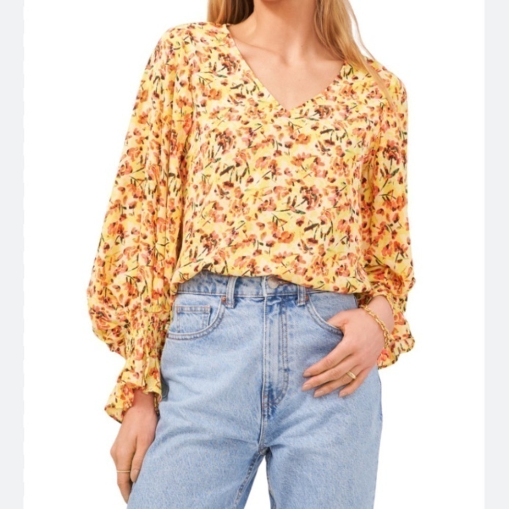 NWT Vince Camuto Yellow Smocked Floral V Neck Blouse